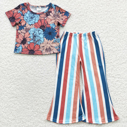 GSPO0578Girls Blue Flower Short Sleeve Color Striped Trouser Set