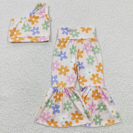 GSPO0525 Girls sun flower White One Side Sleeve Trousers Suit