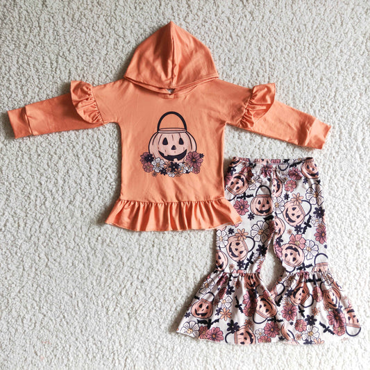 GLP0213 girls halloween clothing pumpkin print long sleeve long prints baby clothing milk silk with a hat