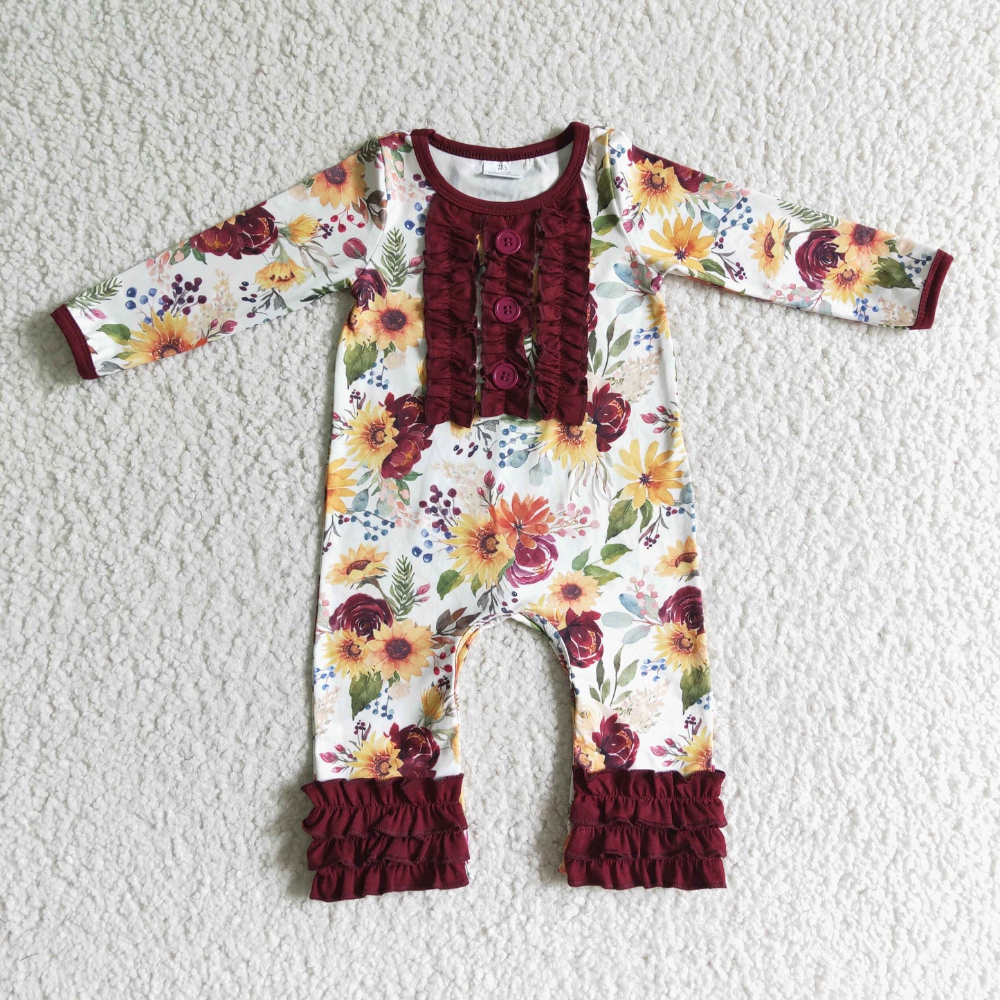RTS NO MOQ（In Stock ) Floral Red Lace Button Long Sleeve Bodysuit
