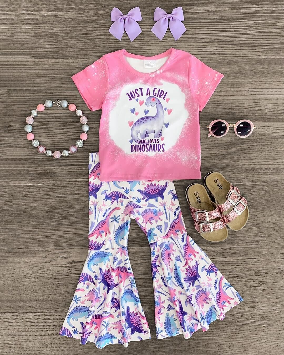 girls short sleeve long pants dinosaurs print