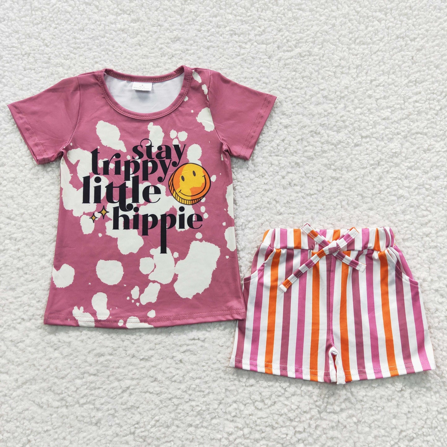 GSSO0314 stay smiley pink short-sleeved colorful striped shorts set