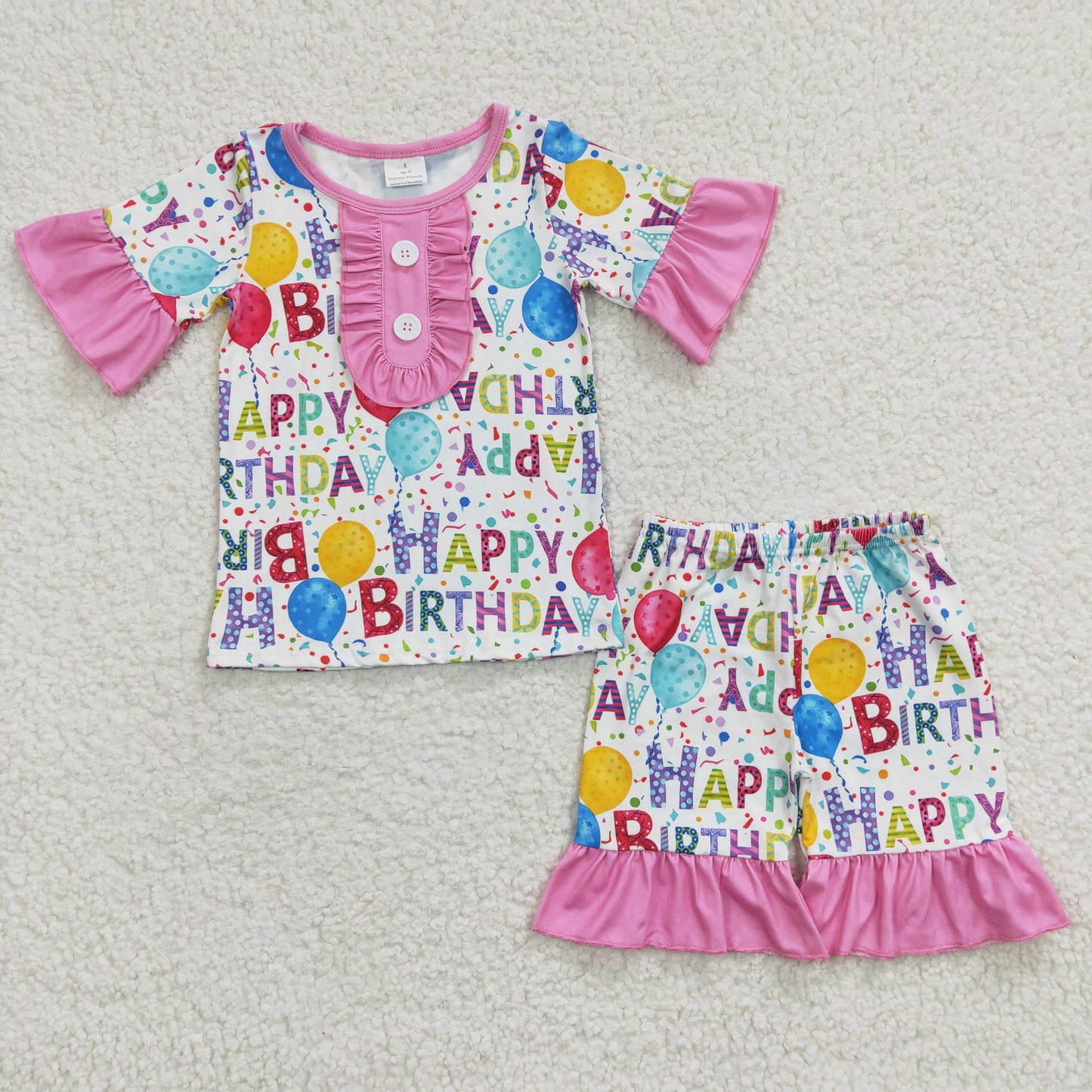 GSSO0198 Girls happy birthday pink short-sleeved shorts suit