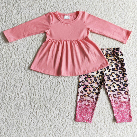 RTS NO MOQ ETA 5/7days Arrived GLP0108 girls outfit long sleeve and long pants pink Leopard print