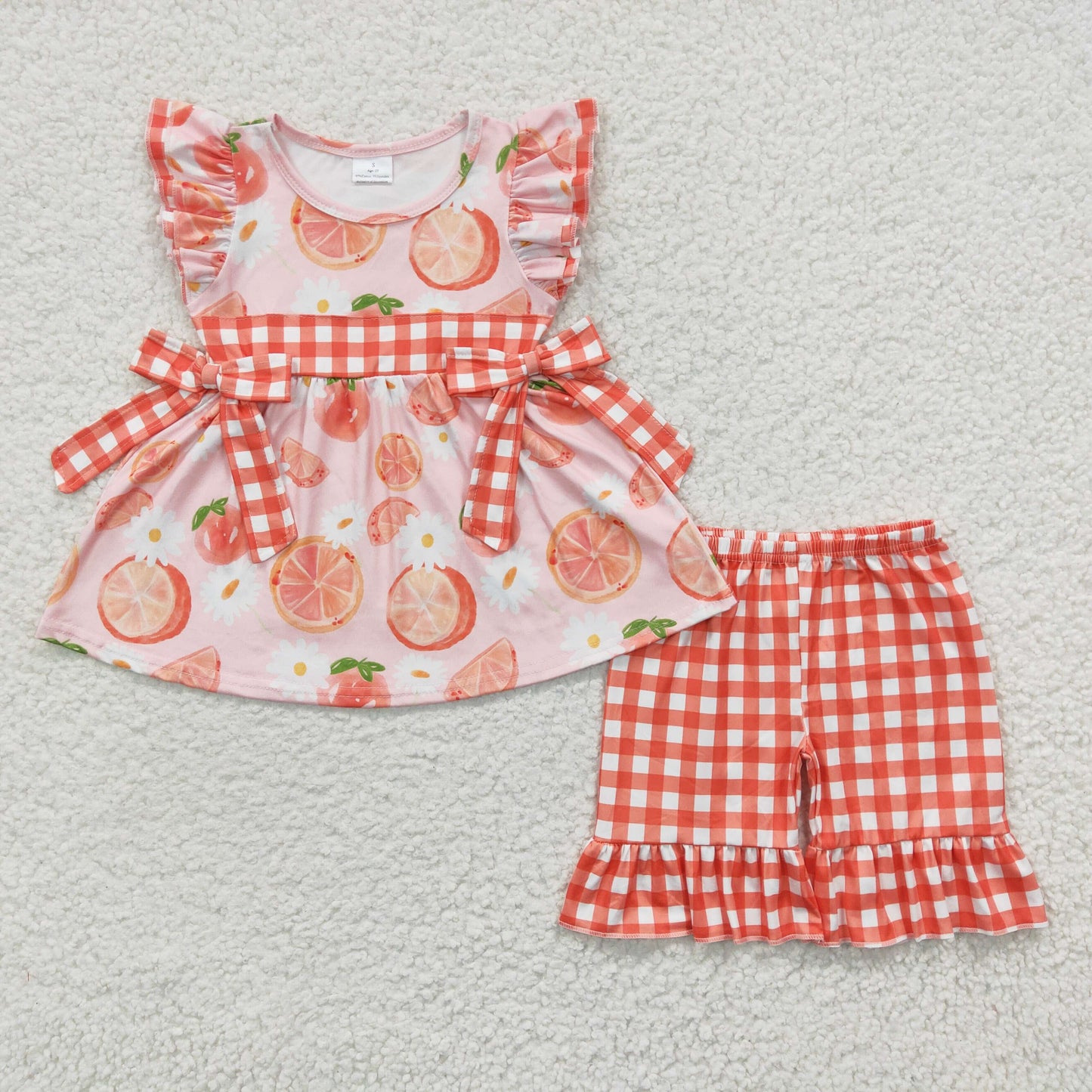 GSSO0239 Fruit Orange Bow Fly-Sleeve Shorts Set