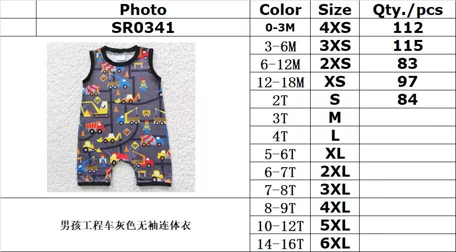 SR0341Boys Construction Vehicle Gray Sleeveless Jumpsuit