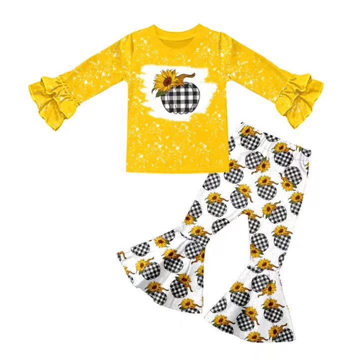 Girls Sunflower Black Plaid Long Sleeve Trousers Suit