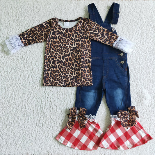 6 A23-4+C16-16 girls clothes leopard-print plaid suspender jeans
