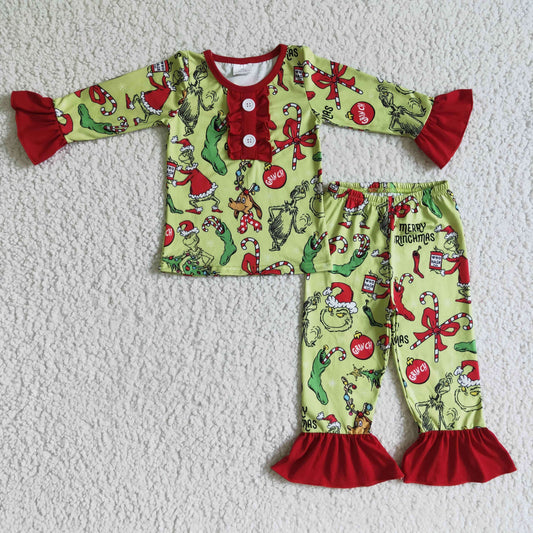 GLP0204  2pcs Christmas cartoon print long sleeve match girl's pajamas outfits