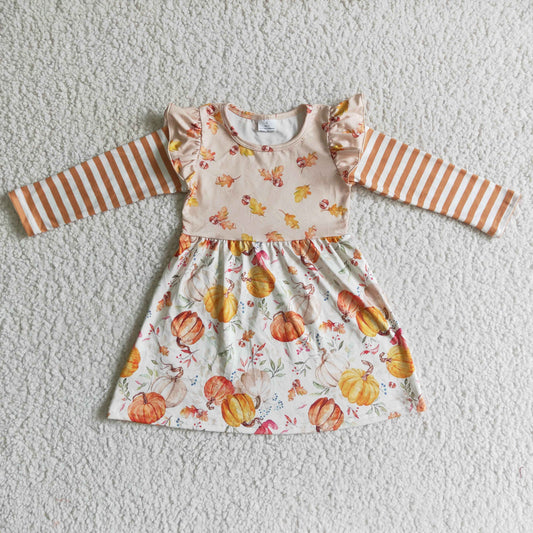 RTS NO MOQ ETA 5/7days arrived GLD0085 baby clothing long sleeve pumpkin print halloween kids dresses for girls milk silk