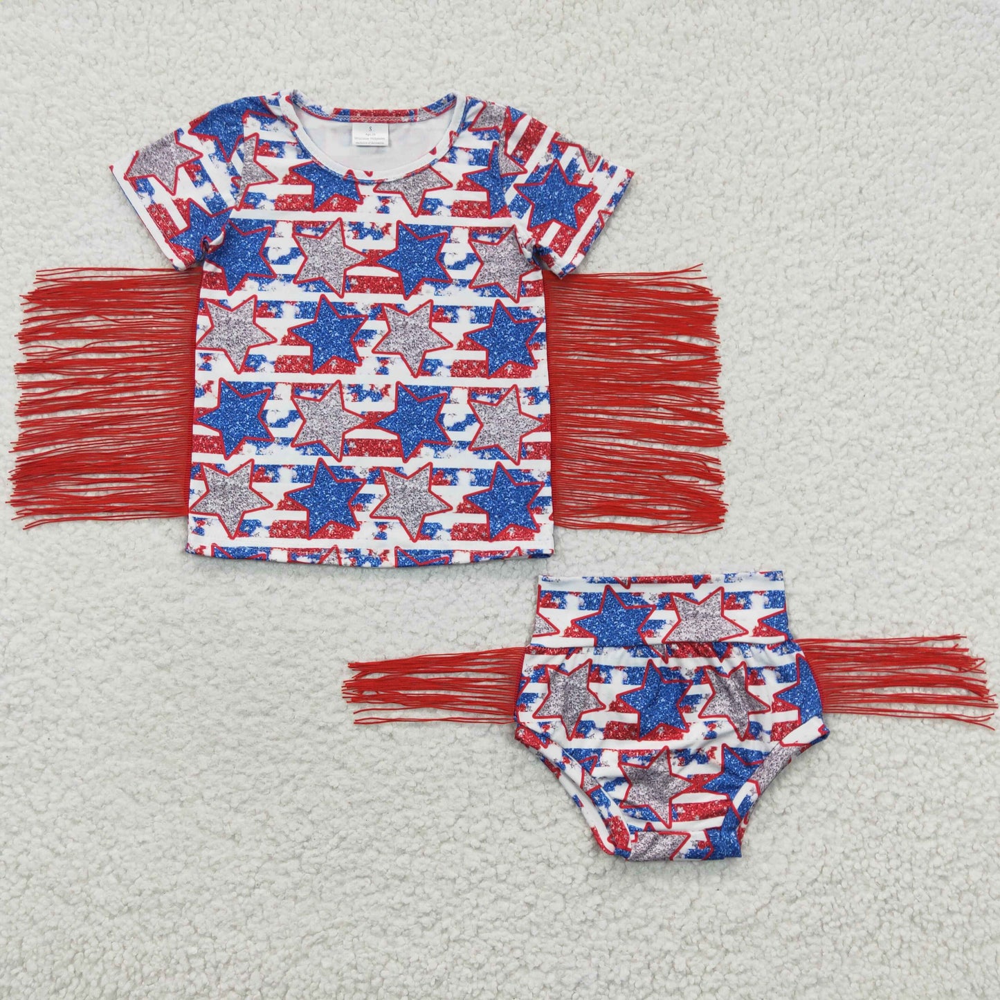 GBO0082 Girls National Day Stripe Star Tassel Short Sleeve Briefs Set
