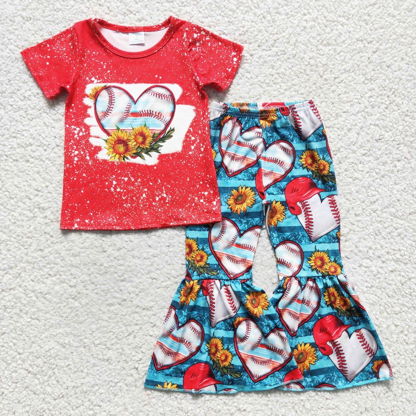 RTS NO MOQ ETA 5/7days Arrived  GSPO0252 Girls Love Baseball Sunflower Red Short Sleeve Trousers Suit Milk Silk