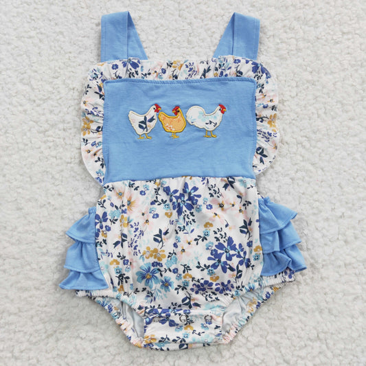 SR0285 Girls Embroidered Flower Rooster Blue Vest Jumpsuit