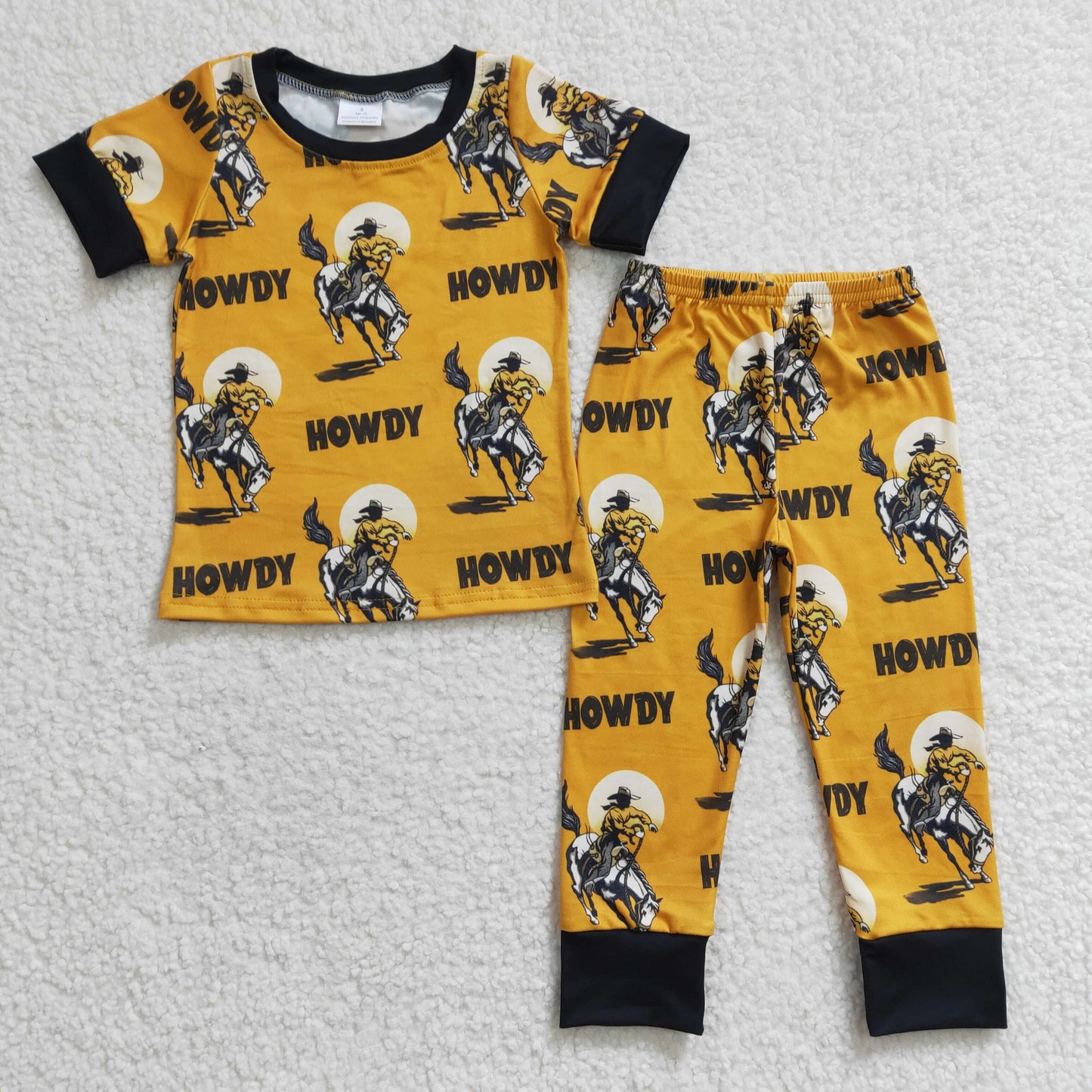 RTS NO MOQ（In Stock）BSPO0053 Boys HOWDY Horse Riding Yellow Short Sleeve Trousers Suit