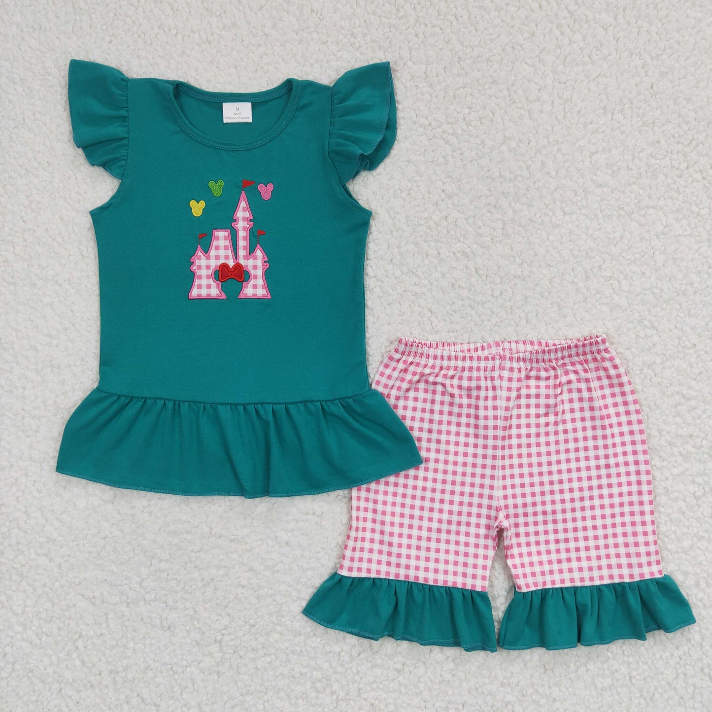 Cute Clothes GSSO0151 Girls Embroidered Green Flying Sleeves Red Shorts Set