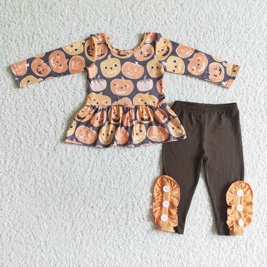 RTS NO MOQ GLP0116  girls clothing pumpkin print short sleeve long pants baby clothing  milk silk