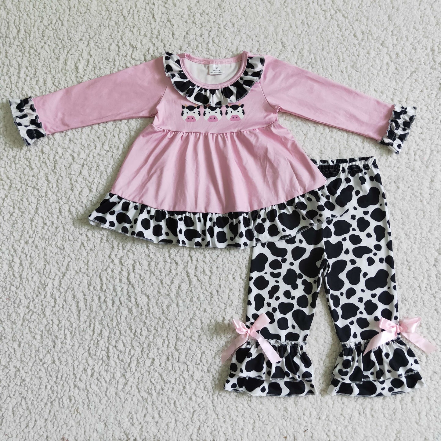 RTS NO MOQ ETA 5/7days Arrived GLP0165 Girls clothing long sleeve long pants outfit cow pattern milk silk