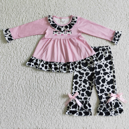RTS NO MOQ ETA 5/7days Arrived GLP0165 Girls clothing long sleeve long pants outfit cow pattern milk silk