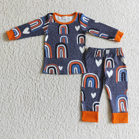 RTS NO MOQ ETA 5/7days arrived GLP0234 Kids Clothing Girls Long Sleeve Top And Long Pants Pajamas Rainbow Heart Print