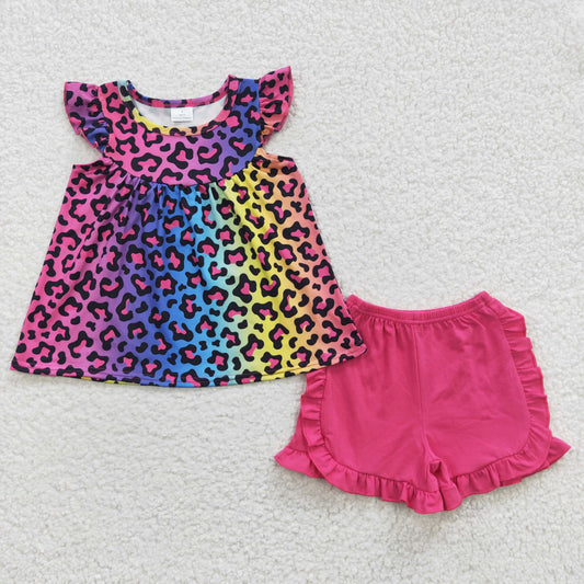 GSSO0299  Girls Color Leopard Print Flying Sleeve Rose Red Shorts Set 7