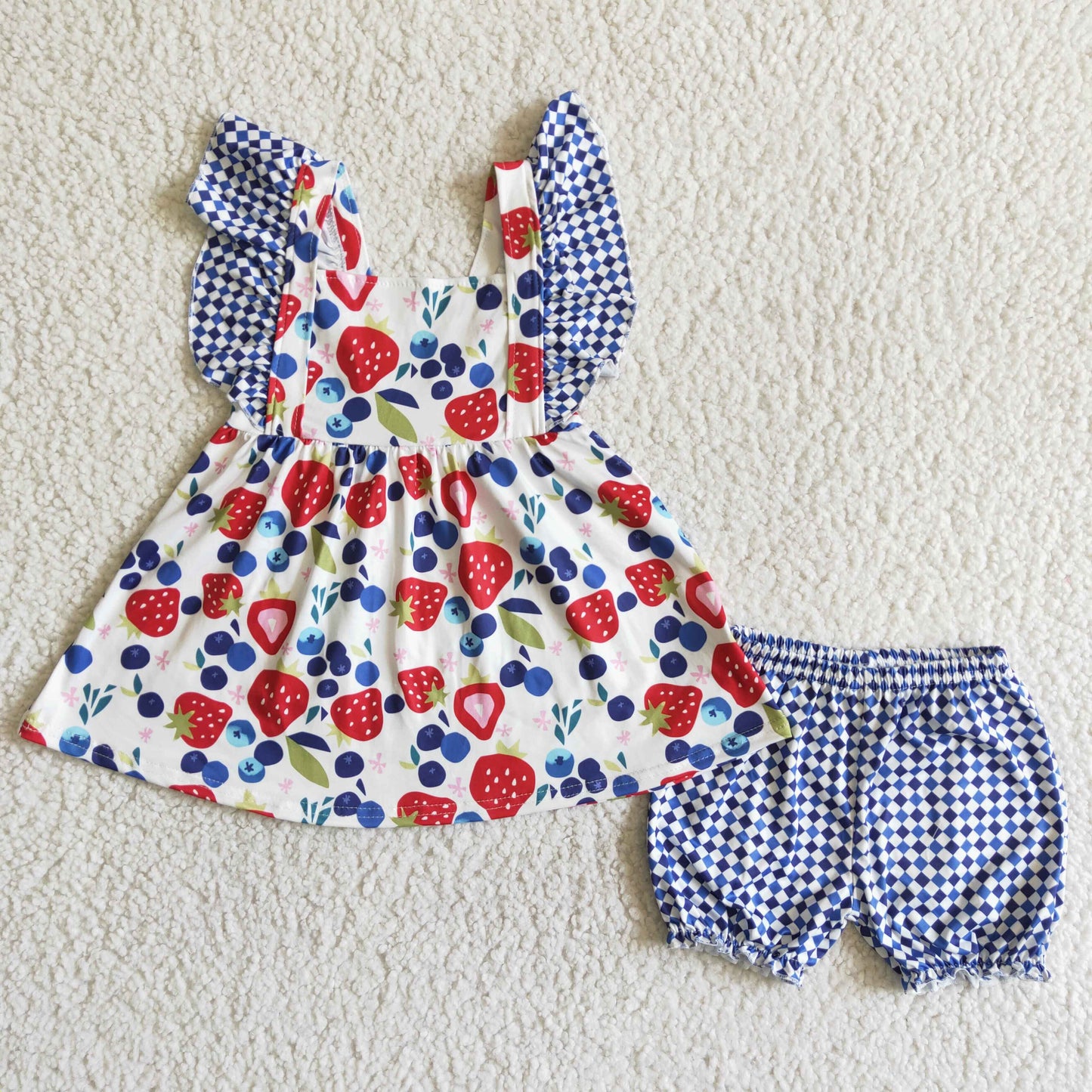 Blue Mesh Strawberry Fly-Sleeve Shorts Set