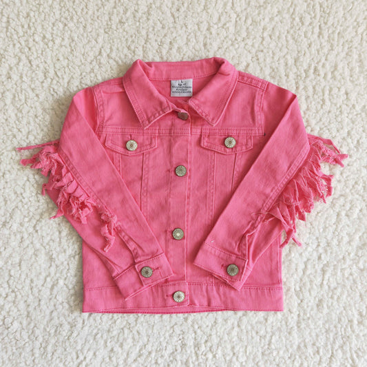 Rose red denim top fringed long-sleeved coat 	 6 A32-30