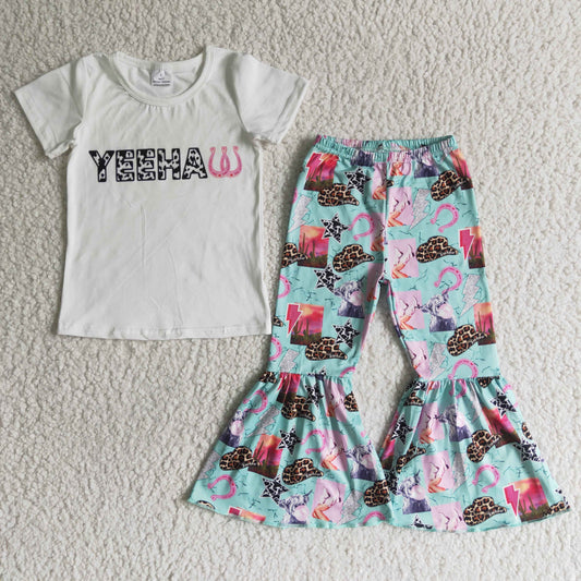 GSPO0032 White Short Sleeve Green Flared Pants Outfits