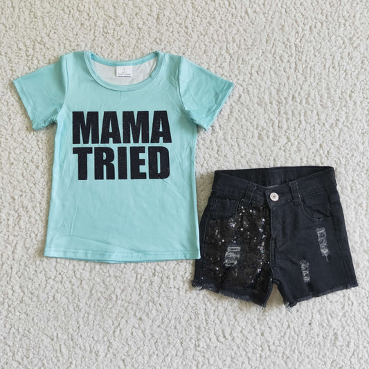 D11-18  letter print top denim short pants set