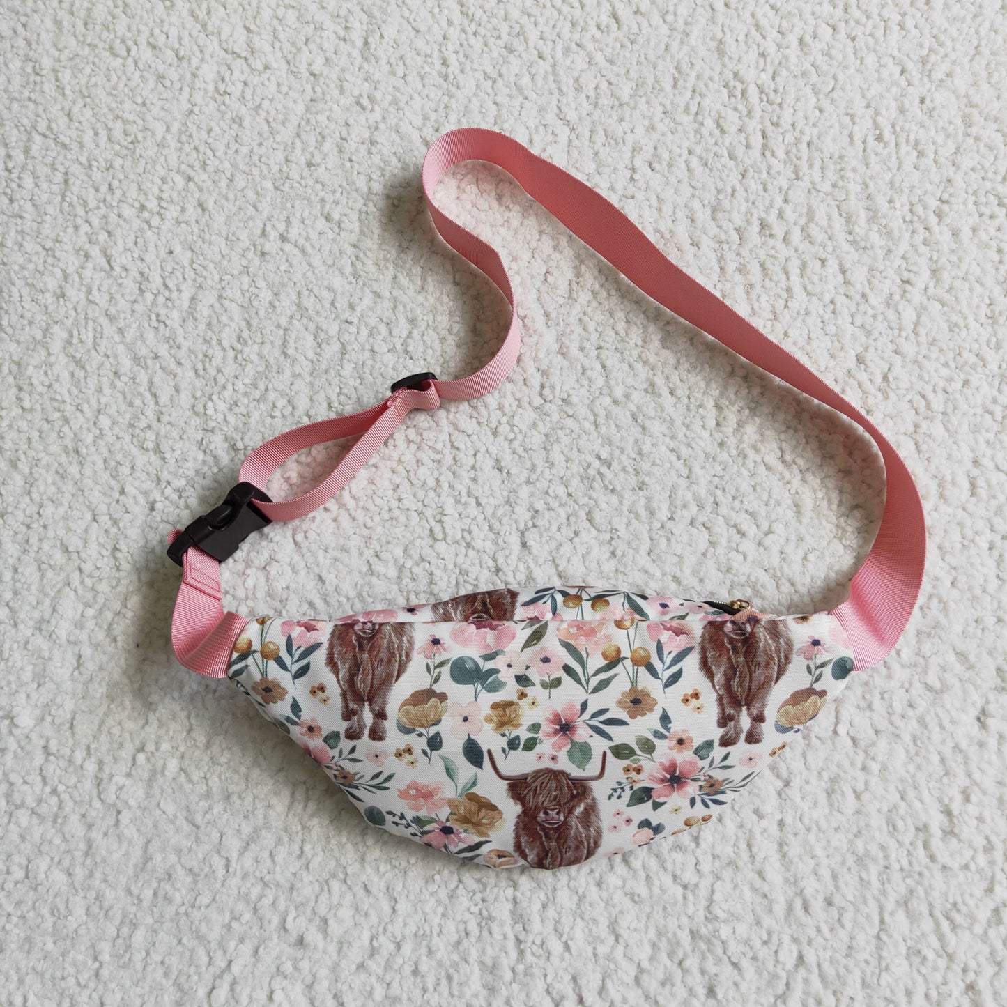 BA0006 Alpine Cow Flower Pink Zip Belt Bag