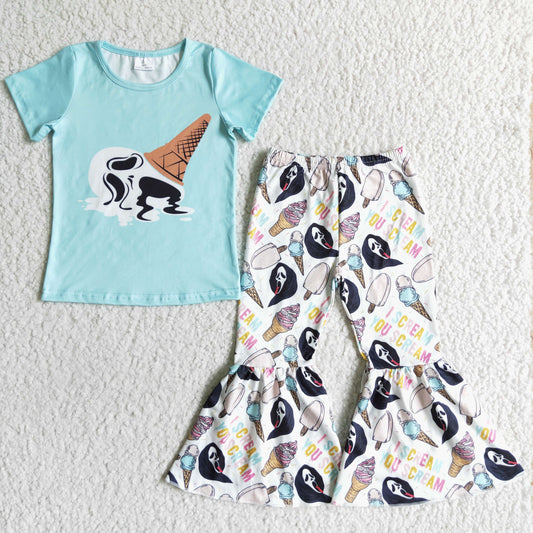 GSPO0139 kids clothes  girls Halloween green short sleeve long pants set