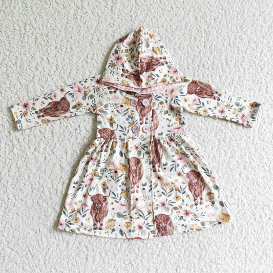 GLD0082 baby clothing long sleeve cow print kids dresses for girls with a hat milk silk