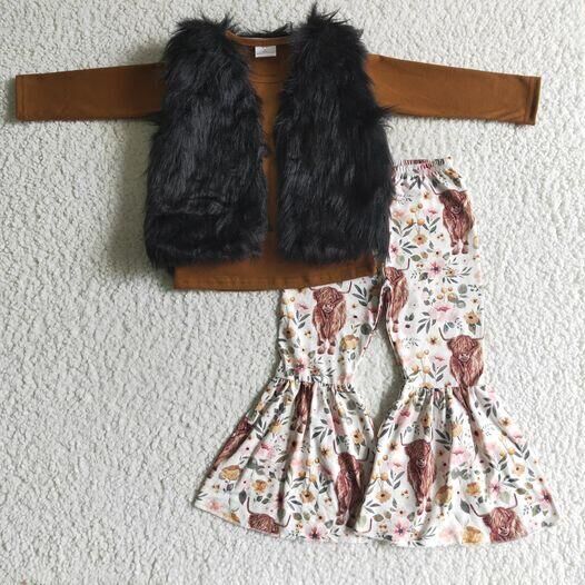 girls outfit long sleeve and long pants cow print