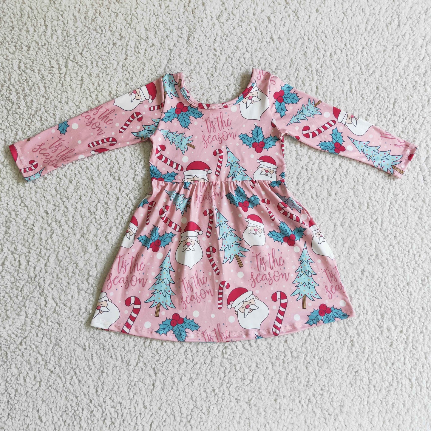 RTS NO MOQ（In Stock）GLD0149 baby christmas clothing long sleeve santa claus print kids dresses for girls milk silk