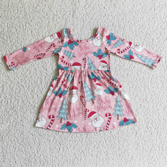 RTS NO MOQ（In Stock）GLD0149 baby christmas clothing long sleeve santa claus print kids dresses for girls milk silk