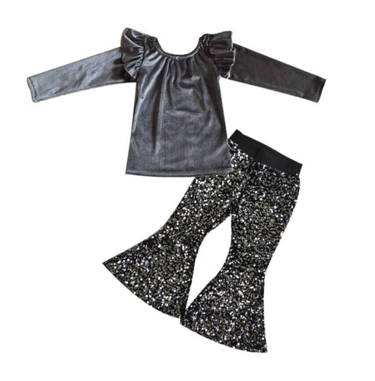 Girls Clothing Golden Velvet Long Sleeve Long Pants Sequin Pants Set