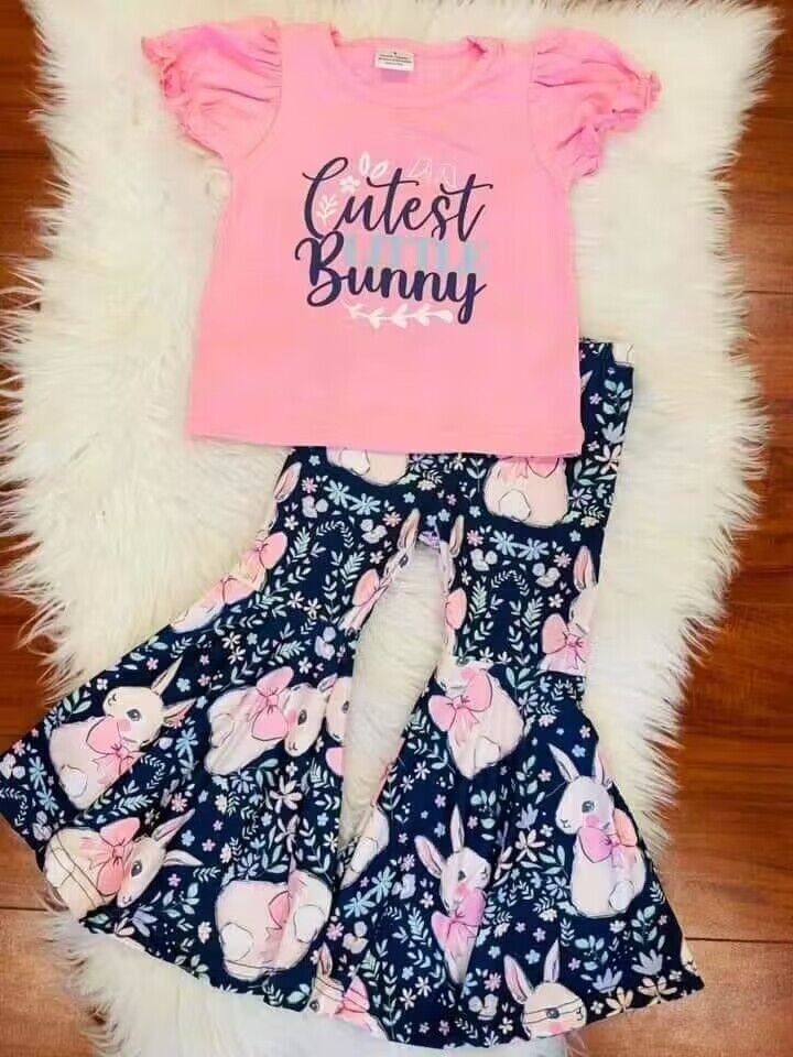 girls short sleeve long pants rabbit print