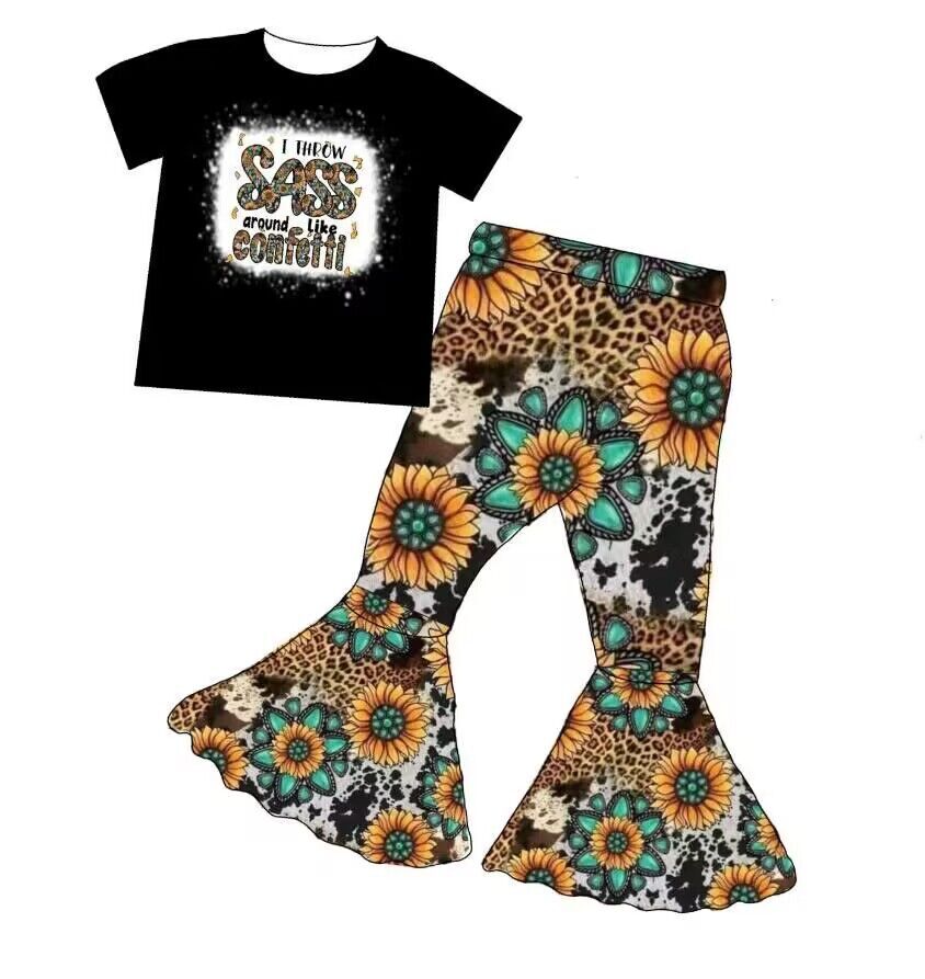 girls short sleeve long pants sun flower print