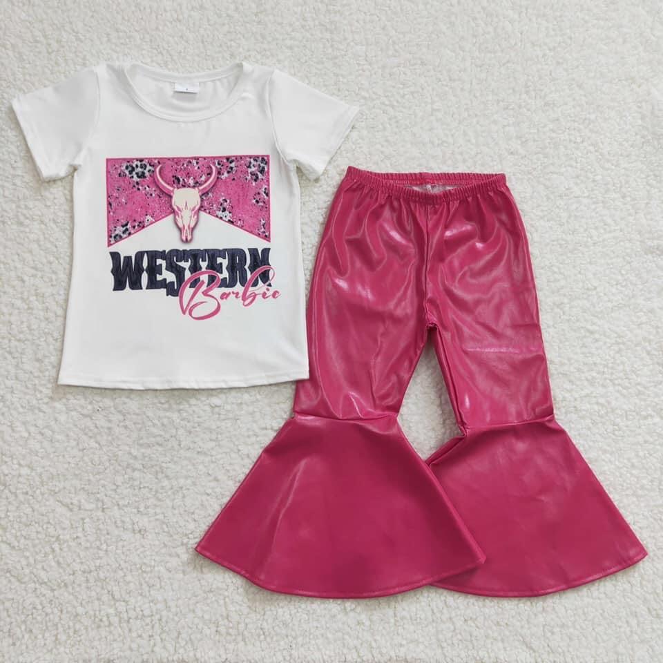 Girls short sleeve long leather pants