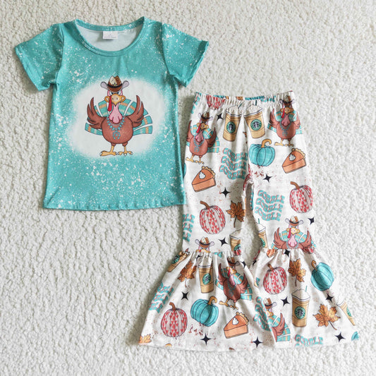 RTS NO MOQ ETA 5/7days arrived  GSPO0195 girls thanksgiving outfit short sleeve and long pants turkey print