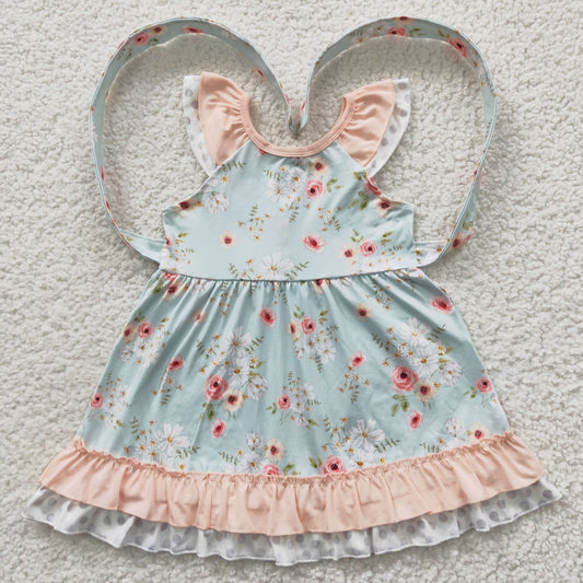GSD0308 Pink Flower Green Flying Sleeve Dress