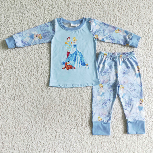 6 A1-2 girls Light Blue fall long sleeve top long pants pajamas sets