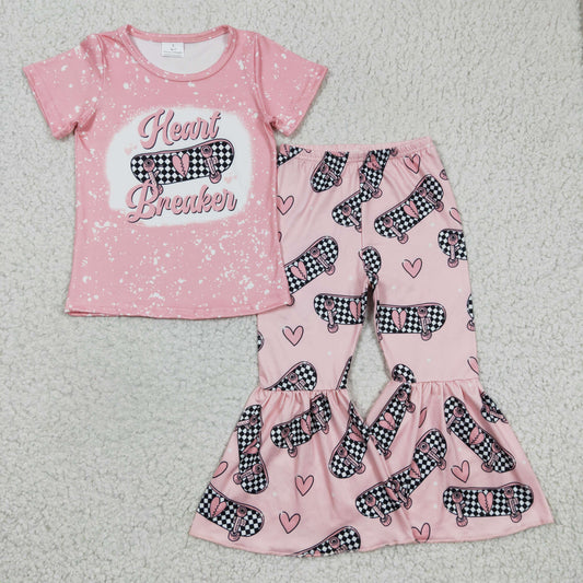 RTS NO MOQ GSPO0320 Girl heart love skateboard pink short-sleeved trousers suit