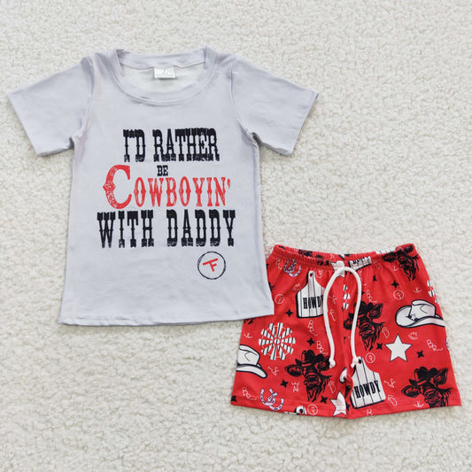 BSSO0243 cowboy hat cow gray short sleeve red shorts suit