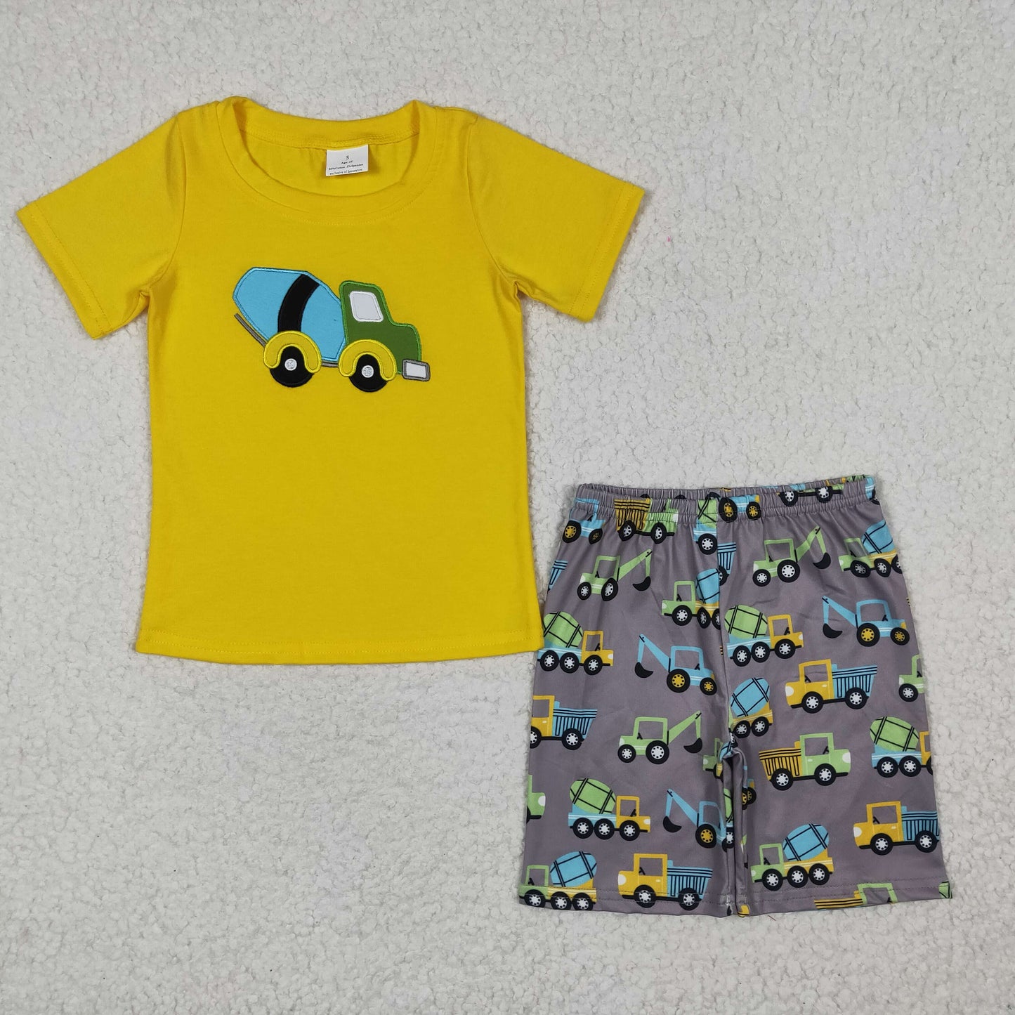 BSSO0186 Boys Embroidered Color Engineering Vehicle Yellow Short Sleeve Shorts Set