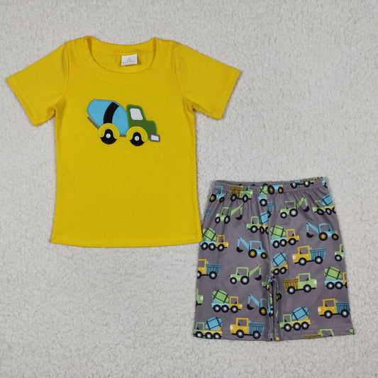 BSSO0186 Boys Embroidered Color Engineering Vehicle Yellow Short Sleeve Shorts Set