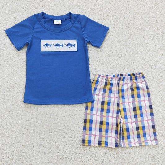 RTS NO MOQ BSSO0125 Boys Embroidered Shark Blue Short Sleeve Plaid Shorts Set