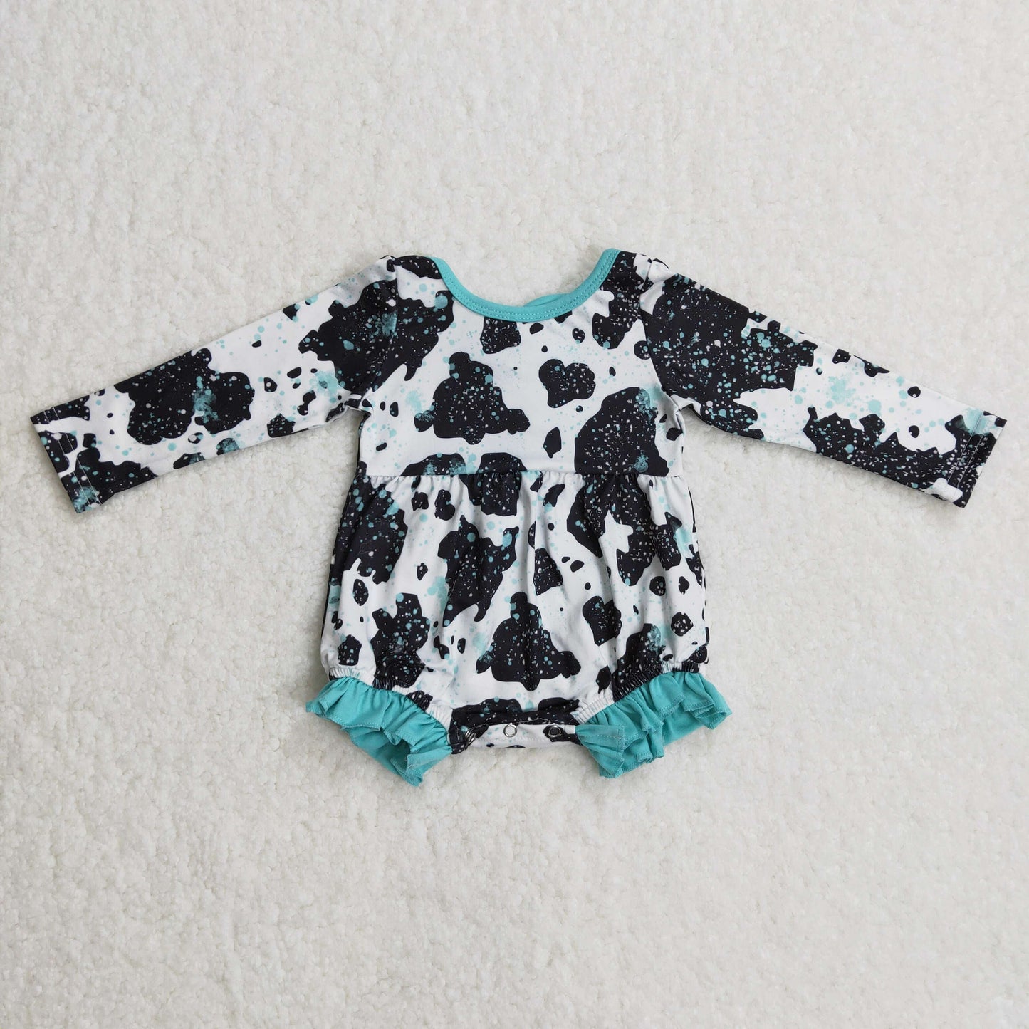 LR0197 baby clothing cow print blue lace long sleeve bodysuit milk silk baby romper