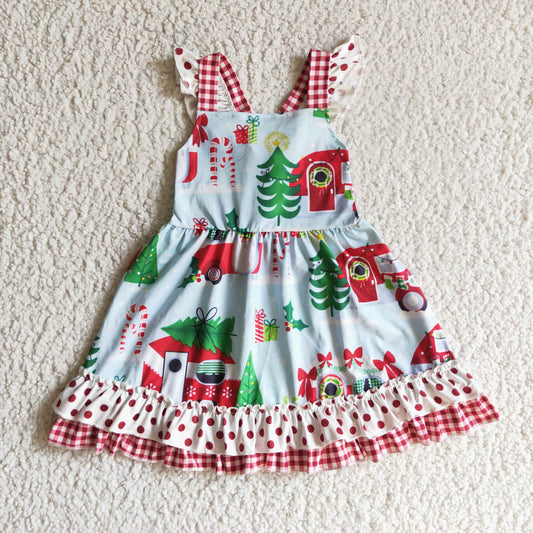 rts no moq GSD0145 baby girls christmas dress over knee car print clothes flying sleeve
