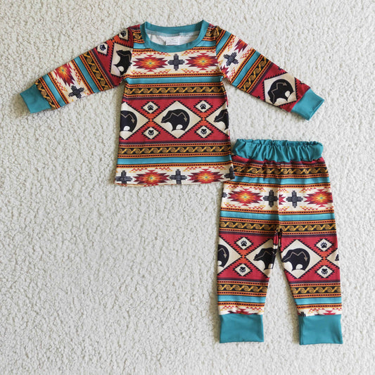 BLP0100 Toddler Boys Cow Aztec Tribal Geometric Print Crew Neck Long Sleeve Top Pants Pajama Loungewear Set