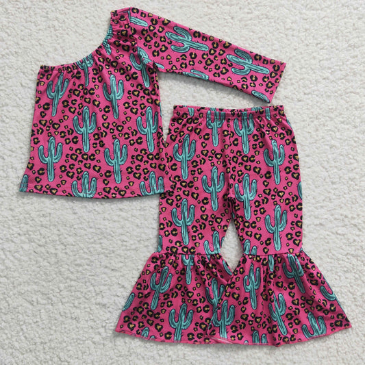 RTS NO MOQ ETA 5/7days Arrived GLP0413 Girls' cactus rose red leopard print one-sided long-sleeved trousers suit